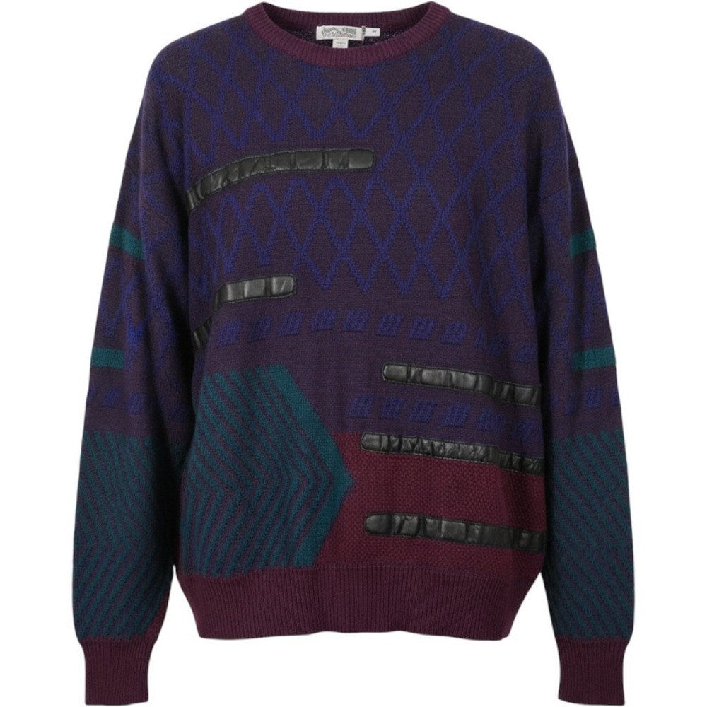 Vintage 90s City Streets Sweater Men XL Purple Geometric Faux Leather Trim Knit